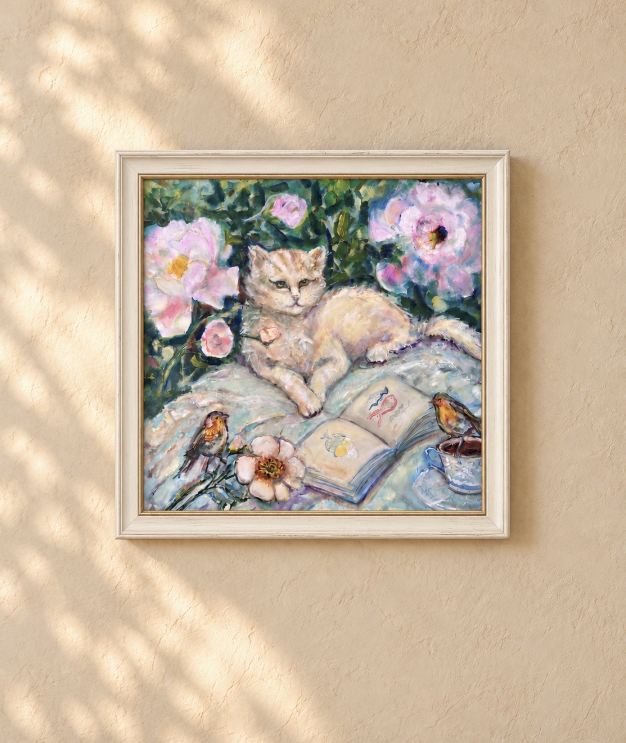 Interior visualisation of Tea, Cat and Roses by Marina Stognieva framed on a wall